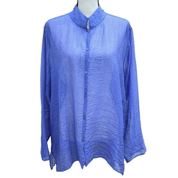 EILEEN FISHER PURPLE SHEER CRINKLE BUTTON DOWN MANDARIN COLLAR TOP - Picture 1 of 16